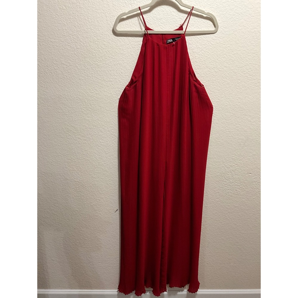 ZARA Red Pleated Halter Maxi Dress Jumpsuit Wide Leg Formal Evening